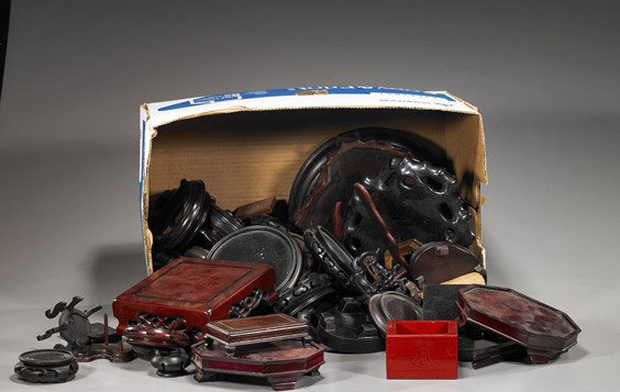 Box of Numerous Chinese Wood Stands: Box of Numerous Chinese Wood Stands Box of various Chinese wood stands; in a variety of sizes and shapes including many netsuke and snuff bottle size; totaling approx. 80 pieces; D: 9 1/4" (largest)