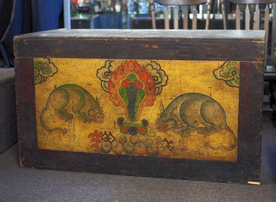 Exceptionally Large Tibetan/Mongolian Polychromed: Large Tibetan/Mongolian Polychromed Trunk Tibetan/Mongolian trunk: front painted with yellow background and symmetrical designs with rats and balls (top very worn, wear throughout), early 20th Century