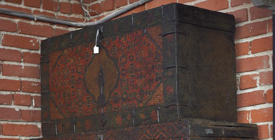 Tibetan/Mongolian Polychromed Trunk: Tibetan/Mongolian Polychromed Trunk Tibetan or Mongolian trunk; painted with red and green floral designs, top hinged with metal hardware (wear), early 20th Century; L: 38"