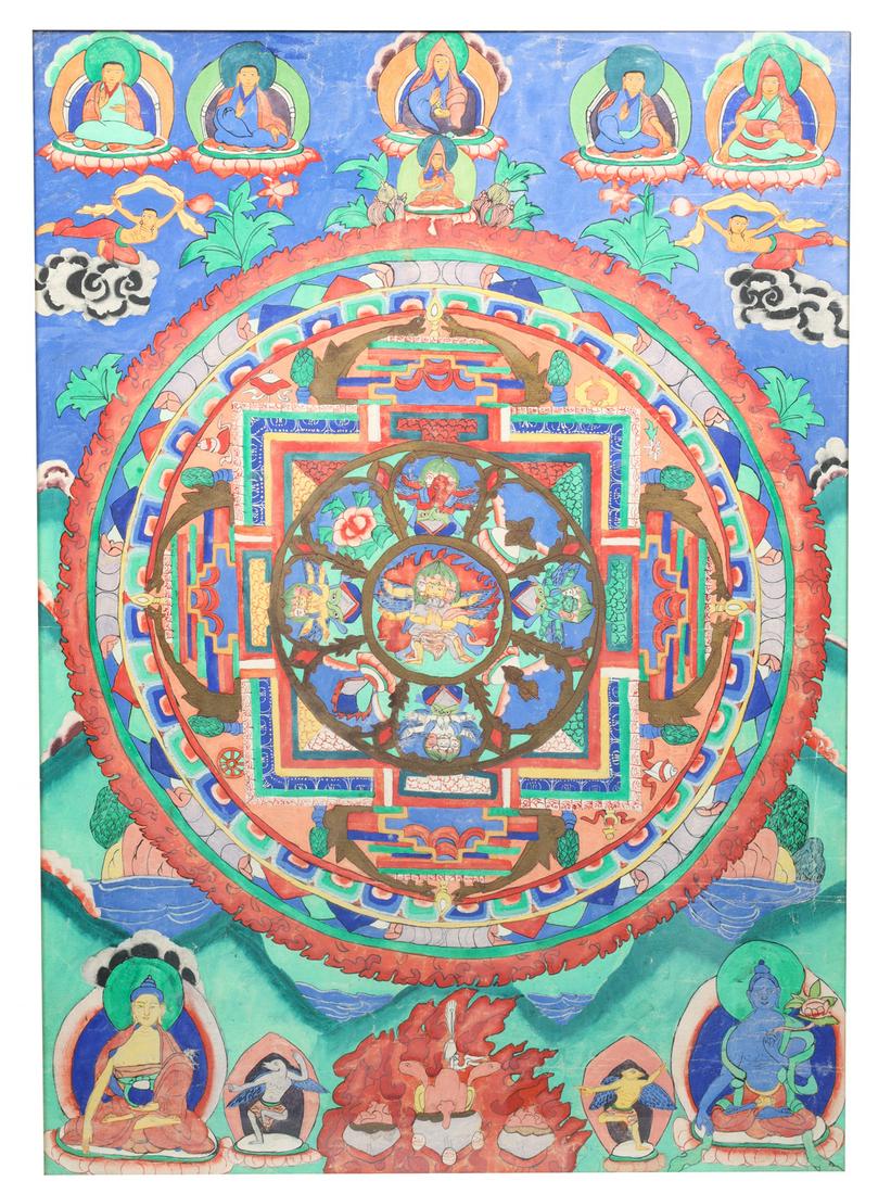 Antique Tibetan Thangka: Antique , possibly 19th century or later, Tibetan thangka, with faux bamboo frame; overall good condition- General marks and age ware, scratches, rubbing, flaws, and losses. Possible restorations; wit