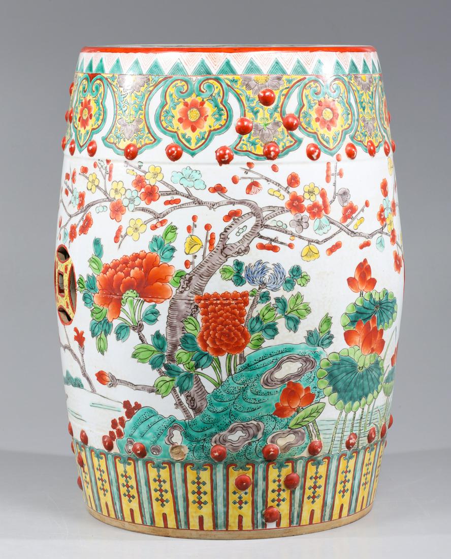 Vintage Chinese Porcelain Garden Stool: Vintage Chinese enameled porcelain garden stool with blossom detail; overall good condition- General marks and age wear, scratches, rubbing, flaws, and losses. Possible restorations; H 18 1/2" (Approx