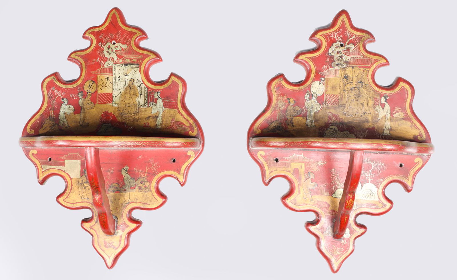 Pair Chinese Red Lacquer Wall Shelves (1 of 4)