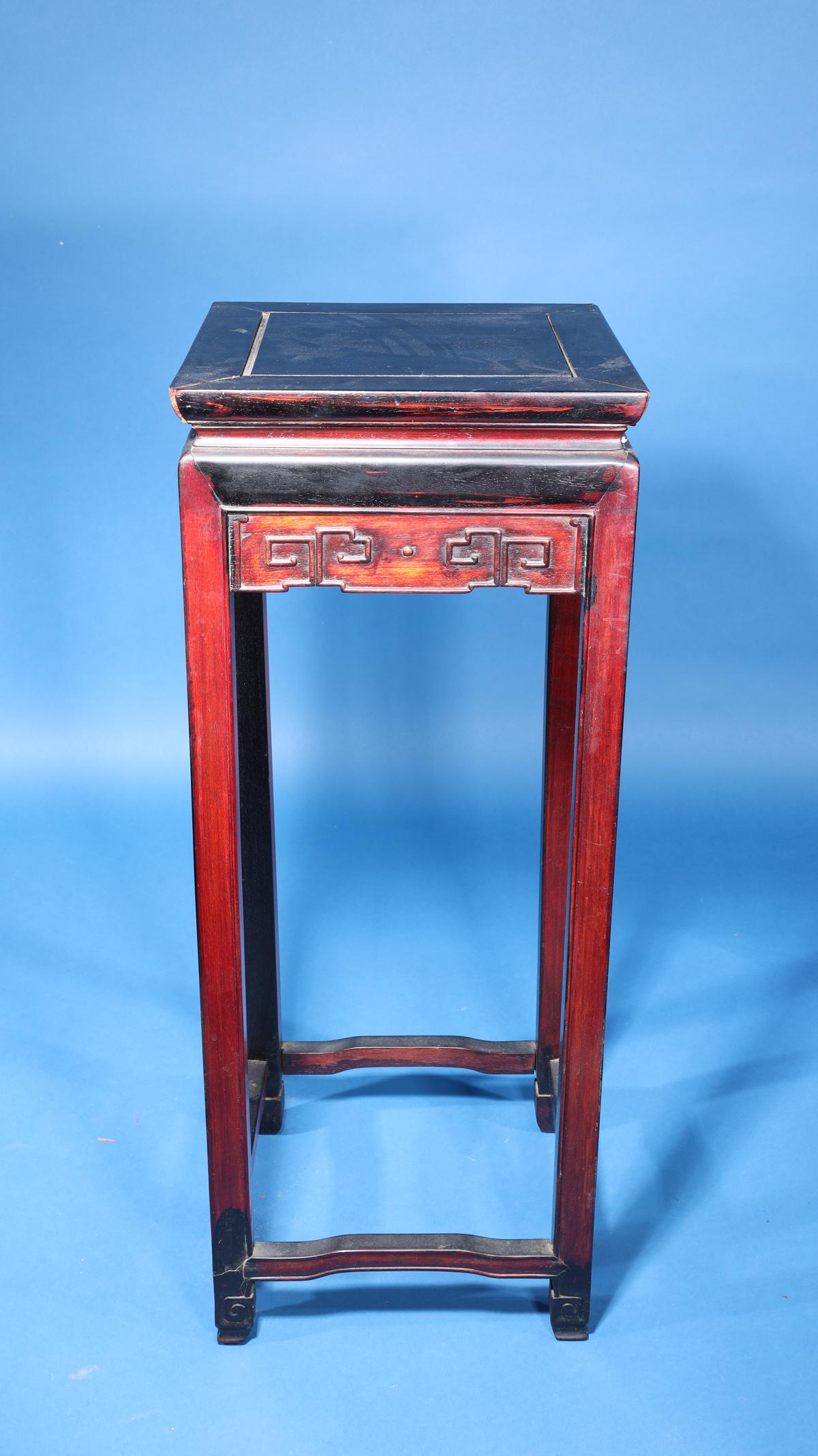 Chinese Carved Wood Pedestal: Chinese carved wood pedestal; some general wear; H 36" x W 14"