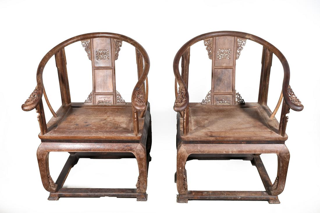 Pair Vintage Carved Chinese Horseshoe Chairs (1 of 3)