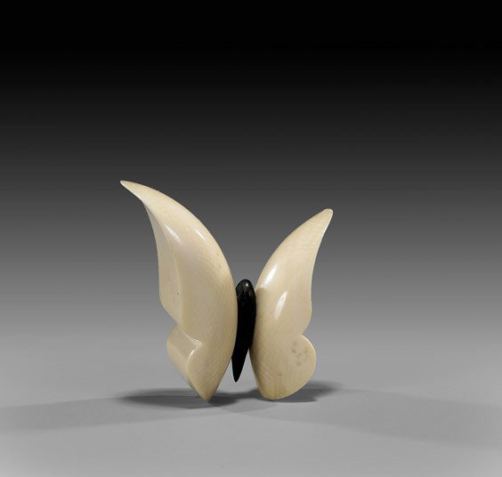 CONTEMPORARY IVORY NETSUKE: Butterfly: CONTEMPORARY IVORY NETSUKE: Butterfly Contemporary carved ivory netsuke by George Weil; of a stylized and finely polished butterfly, with a wood center; signed in gold inlaid oval reserve