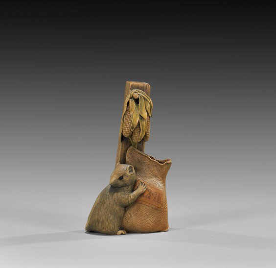 CONTEMPORARY WOOD NETSUKE: Two Rats: CONTEMPORARY WOOD NETSUKE: Two Rats Contemporary carved and lacquered wood netsuke group; of two rats sneaking into a bag of grain beside a post, with corn hanging above; inlaid eyes to one; by David 