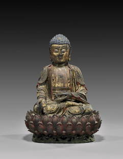 MING DYNASTY LACQUERED BRONZE BUDDHA: MING DYNASTY LACQUERED BRONZE BUDDHAFine Chinese Ming Dynasty, gold lacquered and polychromed bronze figure; of a seated Buddha: with hands in the 'earth-touching' (bhumisparsha) mudra; with ornate fl