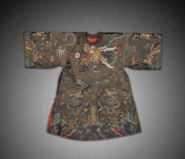 FINE CHINESE KESI-TYPE DRAGON ROBE: FINE CHINESE KESI-TYPE DRAGON ROBEFinely woven, Chinese silk kesi-type dragon robe: with design of a large four clawed writhing dragon amid clouds and above two smaller dragons; on a brown ground, wit