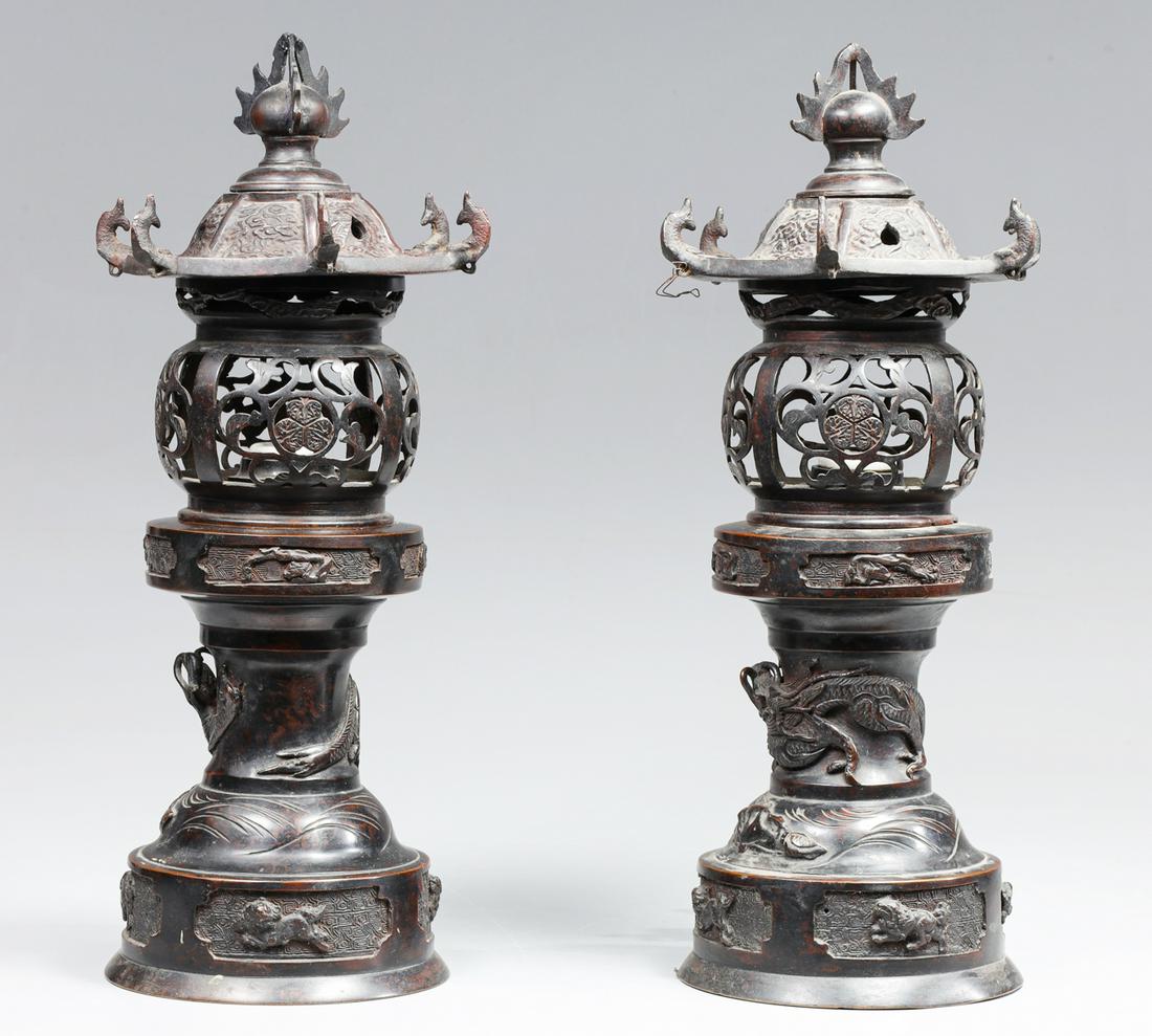 Pair Antique Japanese Bronze Lantern Table Lamps (1 of 3)
