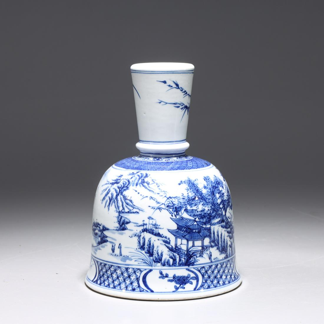Chinese Blue & White Porcelain Candle Holder: Chinese blue and white porcelain candle holder with landscape and river scenes to body; overall good condition; H 7 1/4" x D 5 1/4" (approx.)