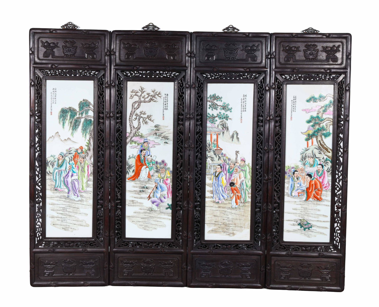Group of Four Large Framed Chinese Enamel Porcelain Plaques (1 of 9)