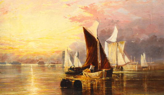 George Stainton (British, 1860-1890) Attributed: Oil on wood panel, George Stainton (British, 1860-1890) attributed, ships at sea, framed; as-is condition- General marks and age wear, scratches, rubbing, flaws, and losses. Possible restorations; wit