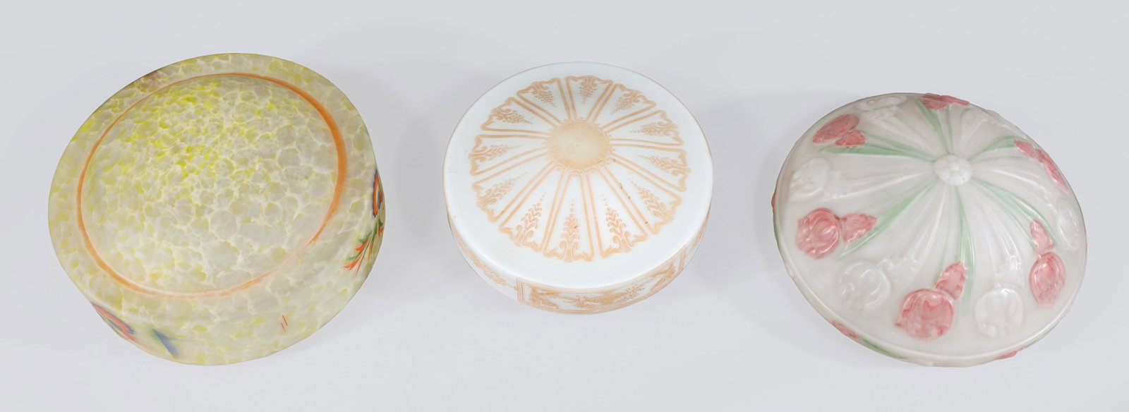 Group of Three Antique Glass Ceiling Shades: Group of three antique glass ceiling shades in varying styles, regency, art deco, and floral provincial; as-is condition- General marks and surface wear, scratches, rubbing, flaws, and losses. Possibl