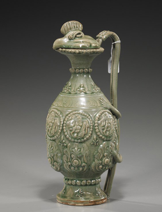Chinese Glazed Pottery Chicken-Head Ewer: Chinese Glazed Pottery Chicken-Head Ewer Very elaborately moulded, Chinese 20th Century-style yueh-type glazed chicken head ewer; ovoid footed form with moulded figural and floral medallion to the bod