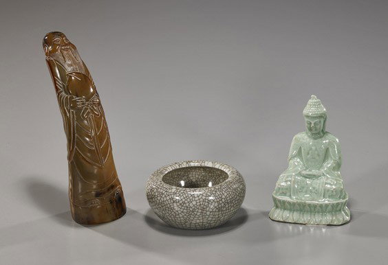 Group of 3 Various Chinese Items: Group of 3 Various Chinese Items Group of Chinese items, including: probably antique crackle glazed guan-type washer, circular with inverted rim; carved horn figure of Shoulao carrying a peach; and ce