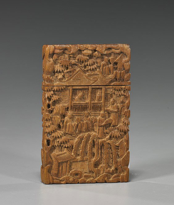 Antique Carved Sandalwood Card Case: Antique Carved Sandalwood Card Case Antique Chinese carved sandalwood card case; rectangular with allover relief of figures in a landscape among trees and dwellings, late 19th Century; L: 4 1/4"