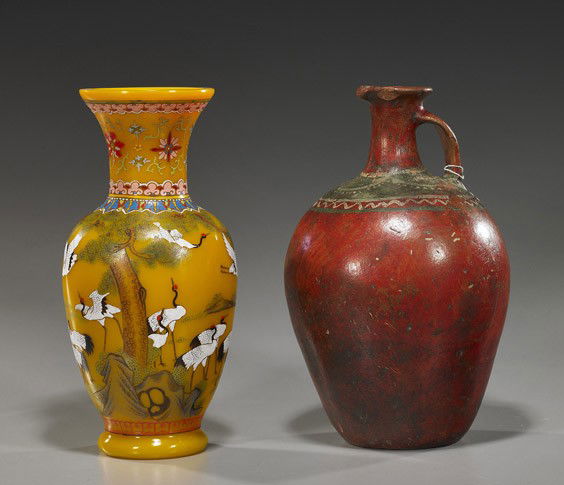 Yellow Glass Vase & Antique Pottery Ewer: Yellow Glass Vase & Antique Pottery EwerChinese enameled yellow glass vase, Qianlong style baluster form with design of many cranes among pine, 4-character mark; together with a Middle Eastern or Sout