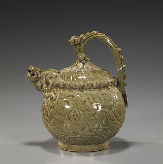 Chinese Yaozhou-Type Celadon Glazed Ewer: Chinese Yaozhou-Type Celadon Glazed Ewer Chinese Northern Song-style yaozhou-type celadon glazed ewer; of elaborate design and form, with lion-form spout and stylized bird to the handle, allover incis