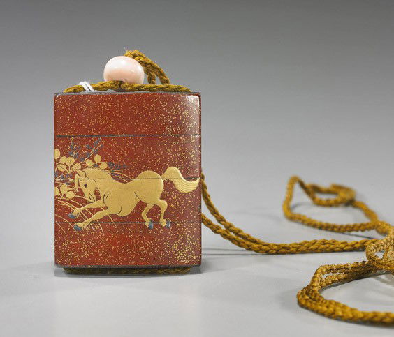 Antique Japanese Lacquer 3-case Inro: Antique Japanese Lacquer 3-case InroAntique Japanese lacquer 3-case inro; speckled gilt russet color ground with gold lacquer horse and foliage design (cracks), 18th/19th Century; L: 2 1/2"