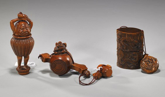Group of Three Carved Wood Inro: Group of Three Carved Wood Inro Group of 3 carved wood inro: single-case with Daikoku holding a fish a seated atop his oversized mallet, with ojime and mallet netsuke; single-case of standing Daruma i