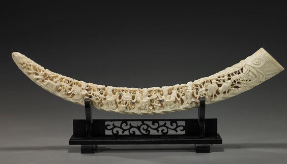 Elaborately Carved Chinese Ivory Tusk Bridge: Elaborately Carved Chinese Ivory Tusk Bridge Very elaborately openwork carved, Chinese ivory tusk; with beauties playing musical instruments to one side and Immortal figures carrying attributes on the