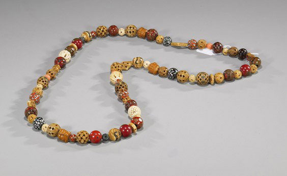 Chinese Carved Various Bead Necklace: Chinese Carved Various Bead Necklace Long strand of various antique Chinese beads, including: carved wood, carved bone, lacquer and inlaid, some openwork; L: 45"