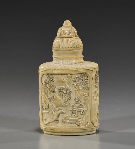 Large Chinese Carved Ivory Snuff Bottle: Large Chinese Carved Ivory Snuff BottleLarge Chinese carved ivory snuff bottle; with four panels featuring figural landscape scenes in relief, Budai seated on the cover (top glued, crack and some craq