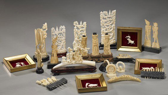 Group of Various Bone & Ivory Carvings: Group of Various Bone & Ivory Carvings Box of various bone and ivory carvings, including: 3 Egyptian figures; tusk form with composite figural scene; 5 openwork landscapes; 4 framed bull fight scenes;