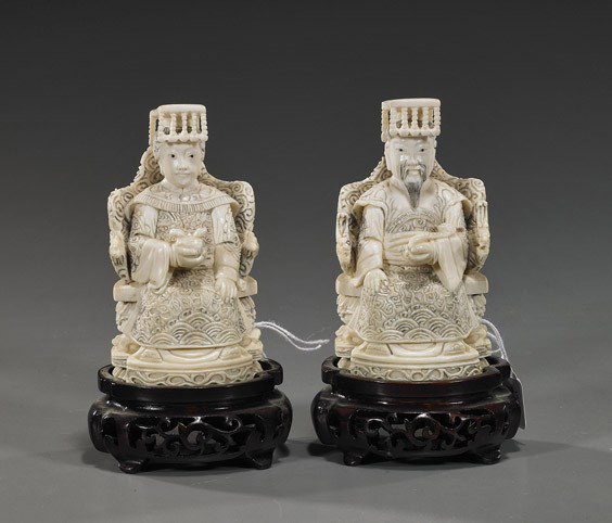 Pair Chinese Ivory Emperor & Empress: Pair Chinese Ivory Emperor & Empress Pair Chinese carved ivory Emperor and Empress: he on a dragon throne and holding a ruyi scepter; she on a phoenix throne and with a gift, each well detailed and ea