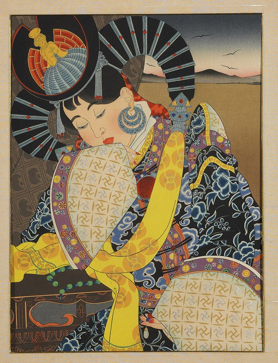 Woodblock Print by Jacoulet: Beauty: Woodblock Print by Jacoulet: Beauty Very colorful woodblock print by Paul Jacoulet (1902-1960); depicting a woman in colorful and elaborate robes and hat, pencil signed and titled L'Etoile de Coni (sm