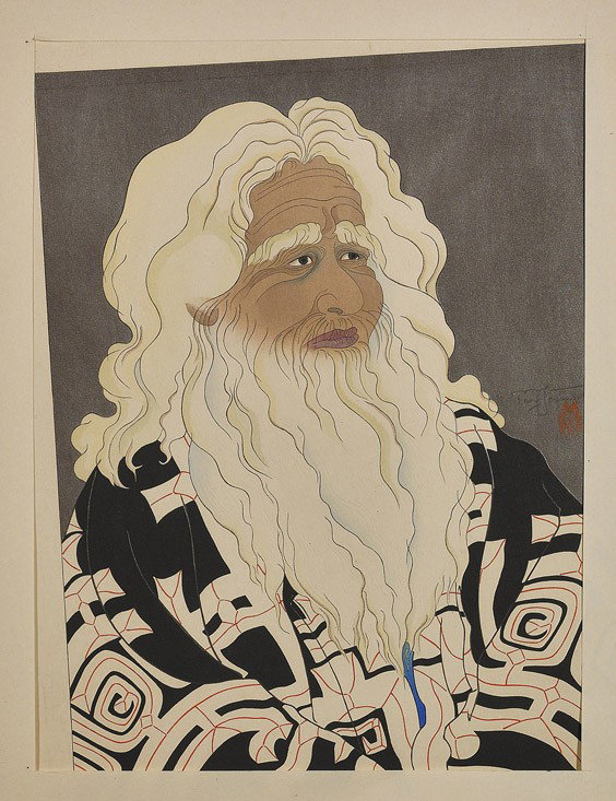 Woodblock Print by Jacoulet: Old Man: Woodblock Print by Jacoulet: Old Man Woodblock print by Paul Jacoulet (1902-1960); depicting the bust of a bearded old man, pencil signed and titled Vieil Aino (small flaws and toning); 18 1/2" x 14"