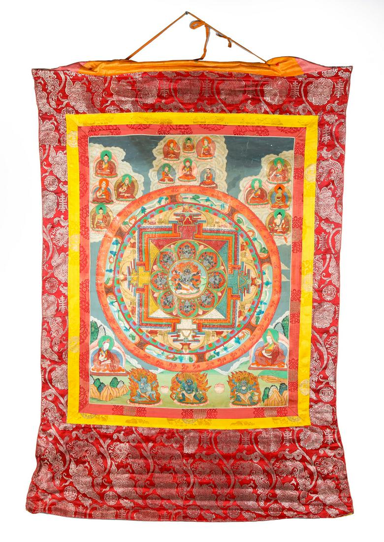 Antique Sino-Tibetan Thangka: Fine and elaborate painted antique Sino-Tibetan Thangka with central deity of demonic form prostrating two individuals surrounded by multi-petals with same deity in different poses, further surrounded