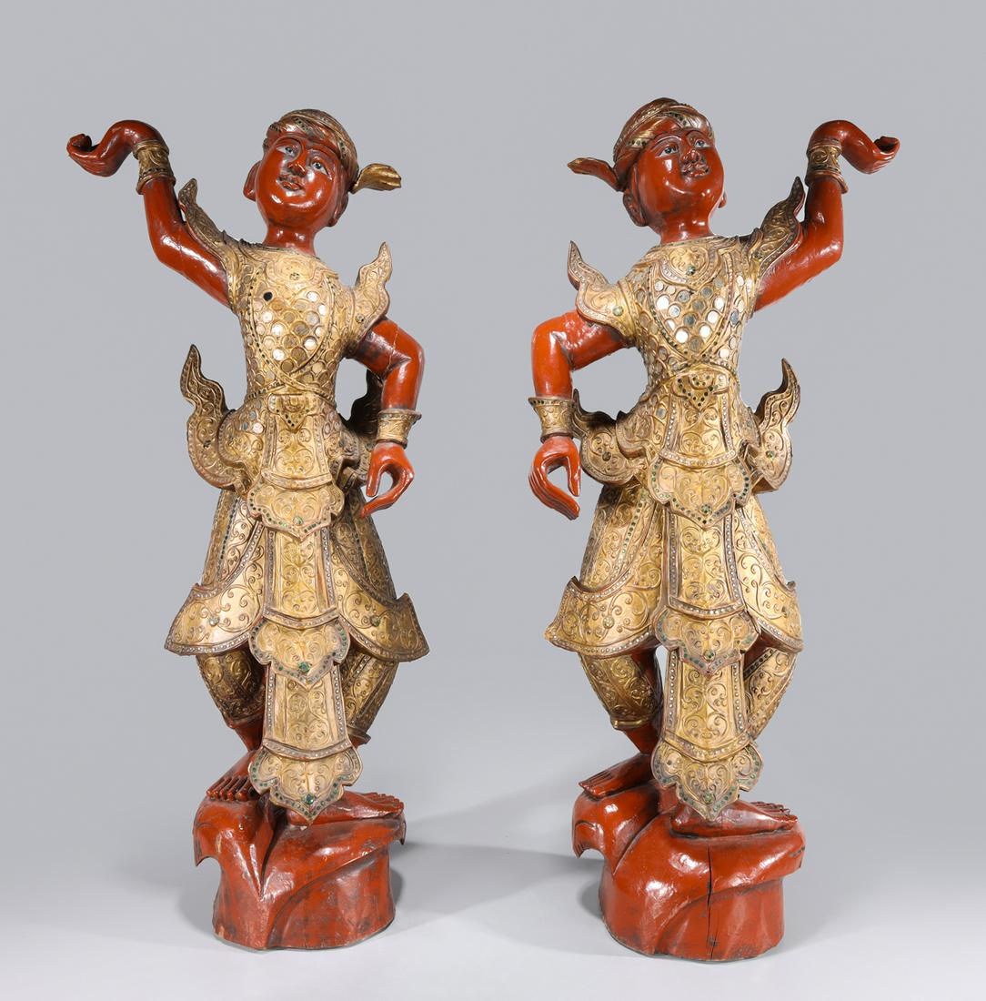 Pair 19th C. Thai Gilt & Lacquer Figures (1 of 7)