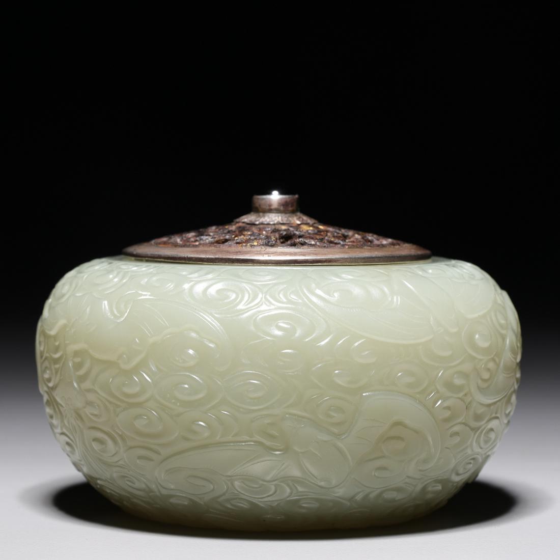 Antique Chinese Qing Dynasty Jade Brush Washer: Antique Chinese, Qing dynasty, finely detailed carved mutton fat jade brush washer; detailed waves beginning at concave base spiraling upwards creating vaporous clouds with numerous bats flying throug