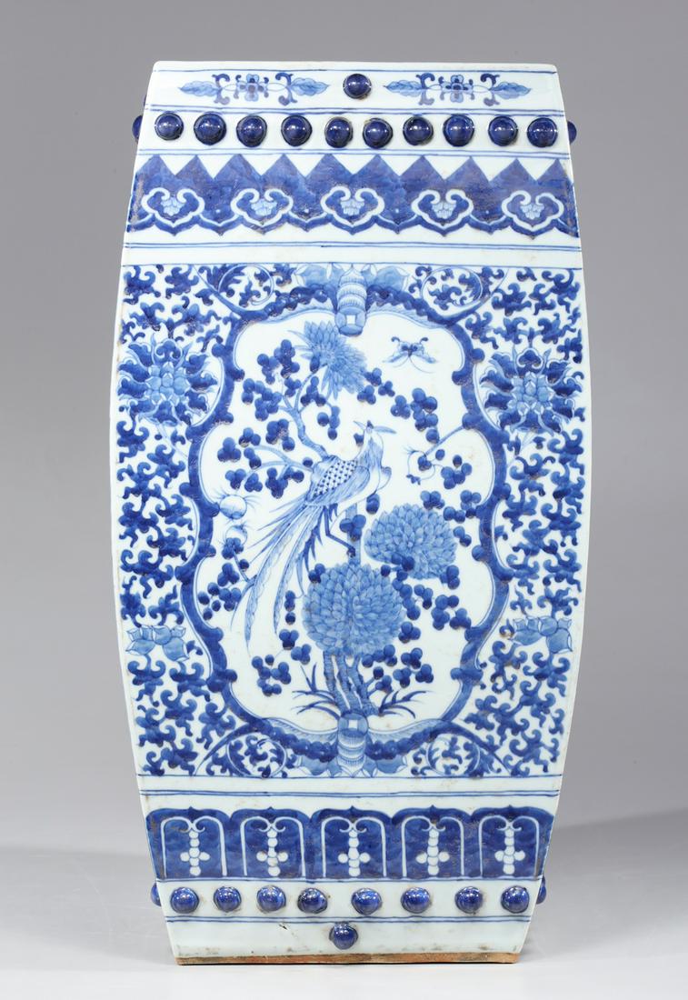 Chinese Ceramic Blue and White Garden Seat: Chinese ceramic blue and white garden seat; as-is condition- General marks and surface wear, scratches, rubbing, flaws, and losses. Possible restorations; H 19" (Approx.)