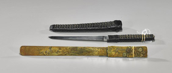 Two Japanese Items: Paper Cutter & Dagger: Two Japanese Items: Paper Cutter & Dagger Antique Japanese copper and soft metal paper cutter, with detailed mottled and incised figure, bird and floral designs (some wear); together with a tanto-like