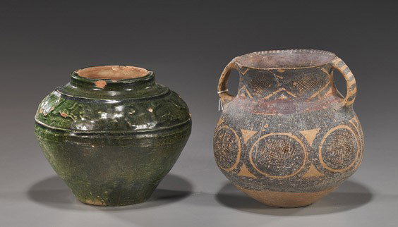 Two Early Chinese Glazed Pottery Vessels: Two Early Chinese Glazed Pottery Vessels Two early Chinese glazed pottery vessels: Neolithic jar with 2 handles, painted designs (typical wear and small flaws); together with Han Dynasty green glazed 