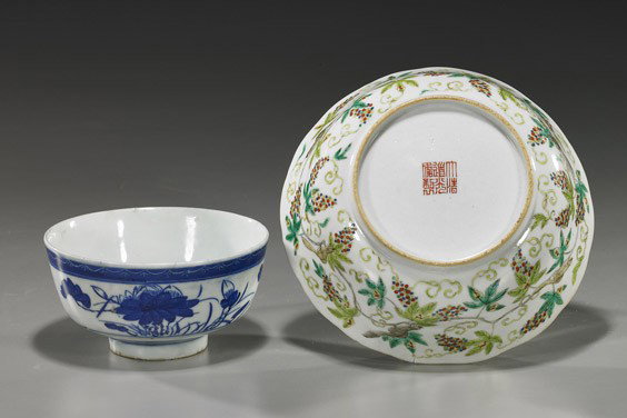 Two Antique Chinese Porcelain Bowls: Two Antique Chinese Porcelain Bowls Two antique Chinese porcelain bowls: Famille Rose with foliate rim and with melon medallion to the interior, squirrel and grape vine motif to the exterior (glaze so