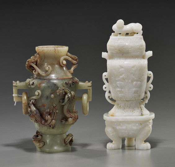 Two Chinese Carved Jade/Hardstone Urns: Two Chinese Carved Jade/Hardstone UrnsTwo Chinese carved urns: archaistic sectional hardstone with high relief and openwork hydras, 2 loose rings (no cover); together with a whitish jade or hardstone