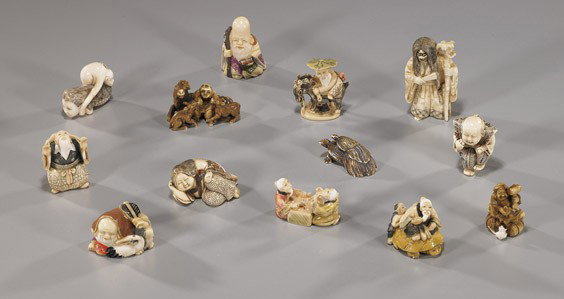 Box of 13 Carved Ivory Netsuke: Box of 13 Carved Ivory Netsuke Box of 13 carved ivory netsuke; most figural and some with polychrome, one turn-face, some early 20th Century, each signed
