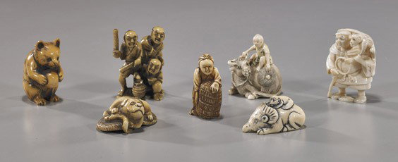 Group of 7 Various Carved Ivory Netsuke: Group of 7 Various Carved Ivory Netsuke Group of 7 various carved ivory netsuke, including: monkey trainer; group of three figures; cat; dog with sandal; boy on a buffalo; monkey on a ram figure with 