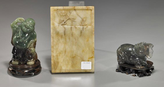 Three Various Chinese Carved Hardstones: Three Various Chinese Carved Hardstones Three various Chinese carved hardstones, including: probably jade inkstone, rectangular and of yellowish beige color with blossoming plants, seal mark; fluorite