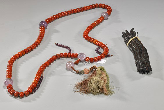 Chinese Bead Necklace & Hardwood Wristrest: Chinese Bead Necklace & Hardwood Wristrest Mandarin court-style Chinese necklace, comprised of lacquered beads with amethyst beads and silk tassels (wear to tassels); together with a Chinese carved ha
