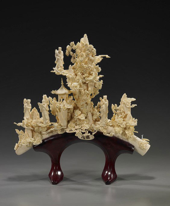 Elaborate Chinese Carved Bone Group: Elaborate Chinese Carved Bone GroupVery elaborately carved, Chinese sectional bone "tusk"/mountain; with Immortals in a landscape and with, cranes and pine and pagoda (losses and old repairs); H: 15 1