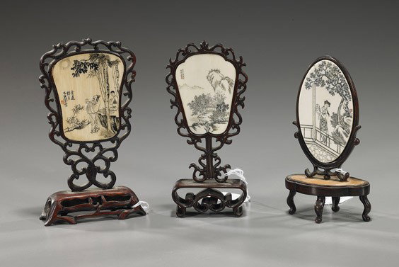 Set of 3 Scrimmed Ivory Miniature Screens: Set of 3 Scrimmed Ivory Miniature Screens Set of 3, Chinese miniature scrimmed ivory plaques/tablescreens; two somewhat fan-shaped and one oval: with beauty in a garden; scholar and attendant beneath 