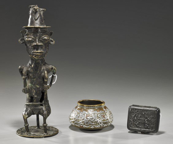 Three Various Metalwork Items: Three Various Metalwork Items Three various metalwork items, including: African bronze seated figure wearing a hat and holding tow objects (wear and flaws); together with an old Islamic copper bowl wi