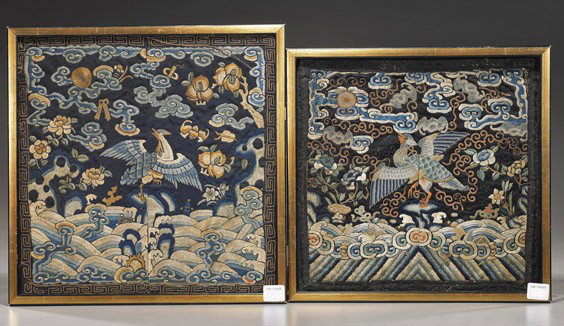 Pair Antique Chinese Embroidered Rank Badges: Pair Antique Chinese Embroidered Rank Badges Pair antique Chinese embroidered silk Mandarin "square" rank badges; each with fabulous bird surrounded by various fruit, foliage and bats all above waves 