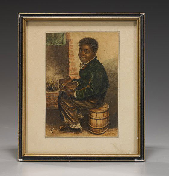 American Figural Print by Baxter: American Figural Print by BaxterPrint by George Baxter (1804 - 1867); depicting a young black boy seated beside a fireplace and holding bellows, possibly hand-colored; 8 3/4" x 7 1/2"