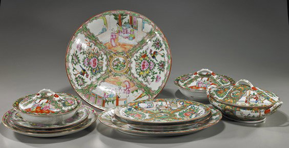Collection of Chinese Rose Medallion Porcelains: Collection of Chinese Rose Medallion Porcelains Collection of Chinese Rose Medallion porcelain serving pieces: large antique circular platter; 3 oval serving platters, early 20th Century; 3 covered tu
