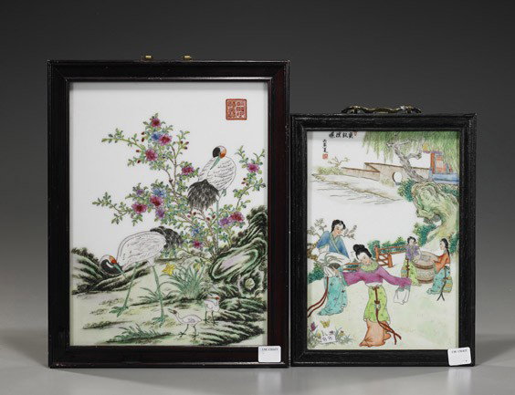 2 Old Chinese Famille Rose Porcelain Plaques: 2 Old Chinese Famille Rose Porcelain Plaques Two old Chinese Famille Rose porcelain plaques: larger with cranes standing among flowering plants, seal mark; smaller with ladies in a garden landscape, i
